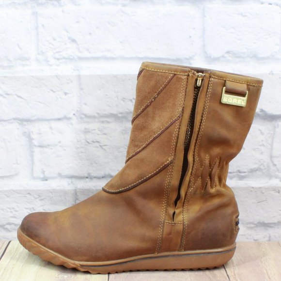 Sorel Shoes - SOREL Brown Leather Gold Logo Round Toe Side Zip Winter Boots Size 8